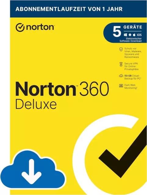 Norton 360 Deluxe | 5-Geräte | 1 Jahr | PC/Mac/iOS/Android | Download-Version