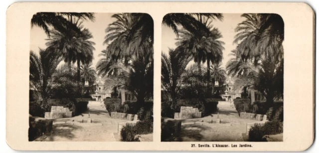 Stereo-Fotografie Fotograf unbekannt, Ansicht Sevilla, L´Alcazar, Les Jardins