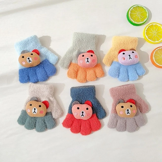 Children Cartoon Bear Thickened Five Finger Gloves Mittens For Boys and Girls