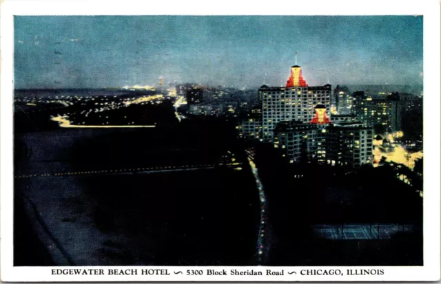 Postcard 1955 Edgewater Beach Hotel Night Birds Eye Chicago Illinois A113