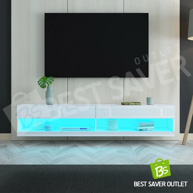 200CM Wall Mount TV Stand Cabinet Entertainment Unit Gloss Storage w/RGB LED WH