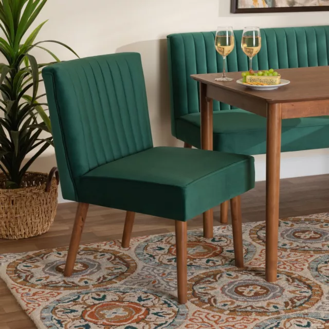 Emerald Green Velvet Upholstered and Walnut Brown Finished Wood Dining Chair