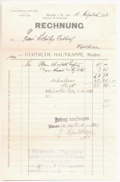 Münster  i. W., Rechnung, "Mode, Gertrude Hautkappe, Klosterstr. 24" 1924