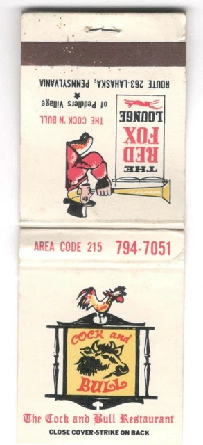 Cock And Bull Restaurant Lahaska Pennsylvania Vintage Matchbook Cover MO34