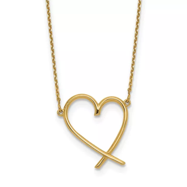 Real 14K Yellow Gold Polished Open Heart w/2 in ext. Necklace; 16 inch; Lobster