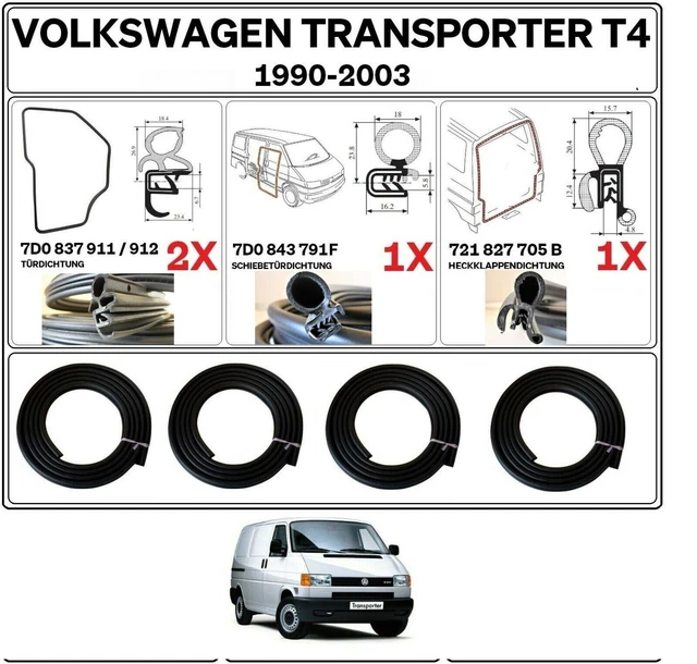 Complete 4-Piece Door & Tailgate Gasket Set For VW Transporter T4 Bus - Black Rubber Seals