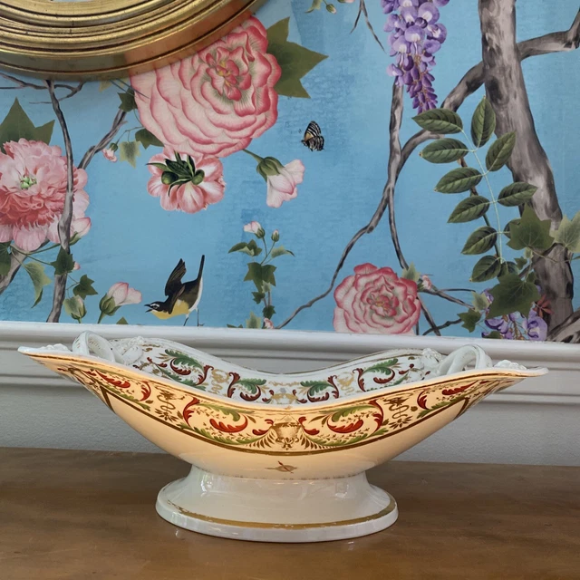 Late 18th Century Derby Porcelain Floral Basket Bowl  English Lions Red Green