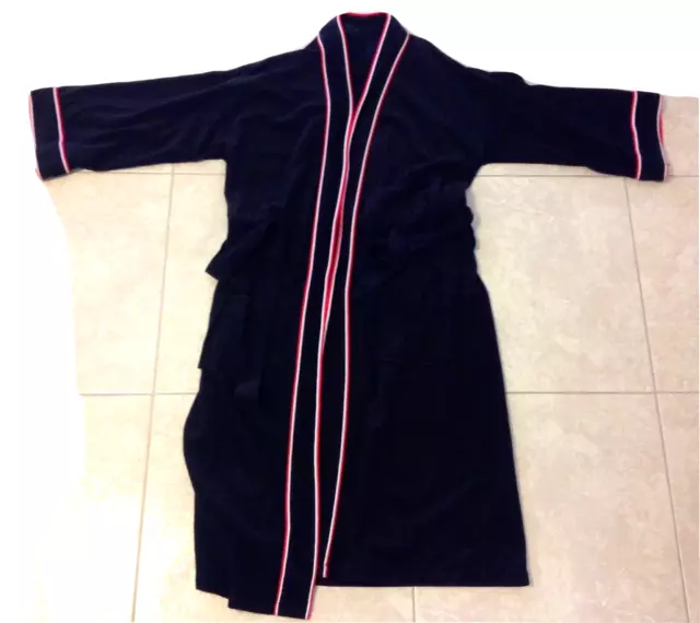 VTG 80s Rabhor Robe Smoking Jacket Black Velour Red Trim Belted One Size