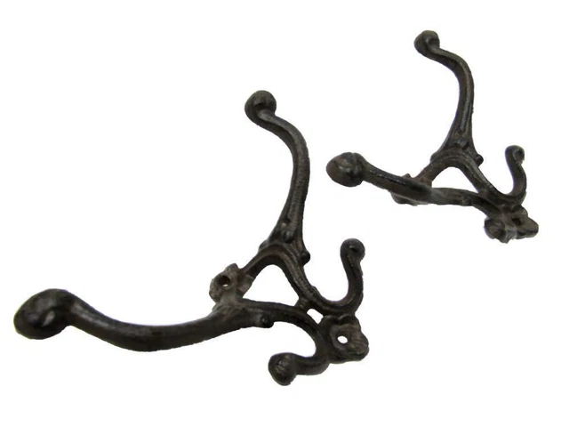 Set of 2 Antique-Style Rustic Heavy Cast Iron 7" x 5" Hall Tree Coat Hooks Hat