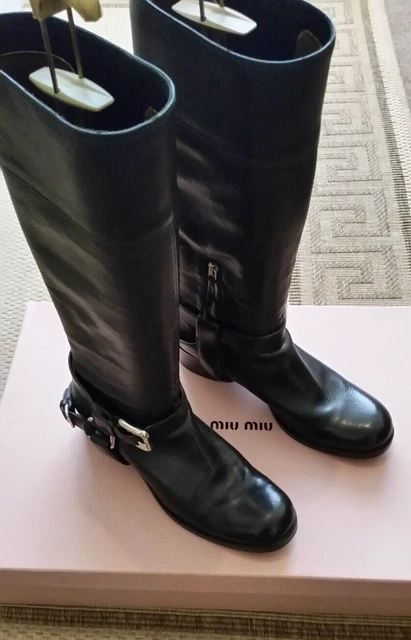 WOMENS SIZE 39 6 MIU MIU black leather knee length boots 4cm heel immaculate 34.99 PicClick UK
