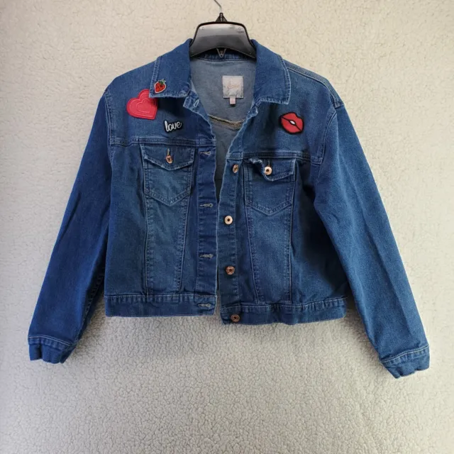 Candie's Denim Button Jean Jacket Womens Size M Patches Lips Heart Pockets Coat