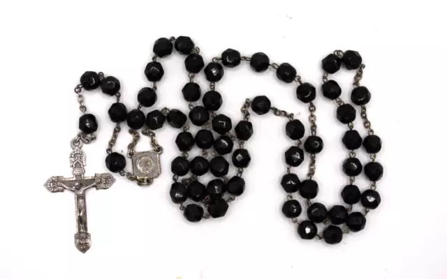 Gorgeous Vintage Sterling Art Deco Black Glass Italy Rosary From Nun's Convent