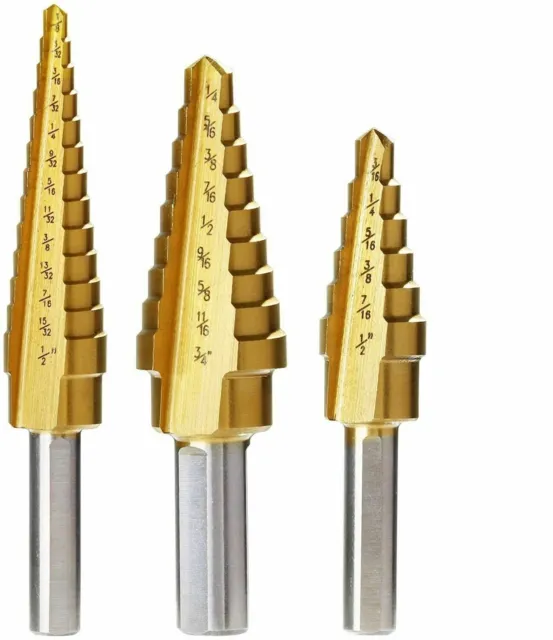 3pc Step Drill Bit Set Unibit Titanium HSS 28 Sizes Industrial Reamer 1/8-3/4