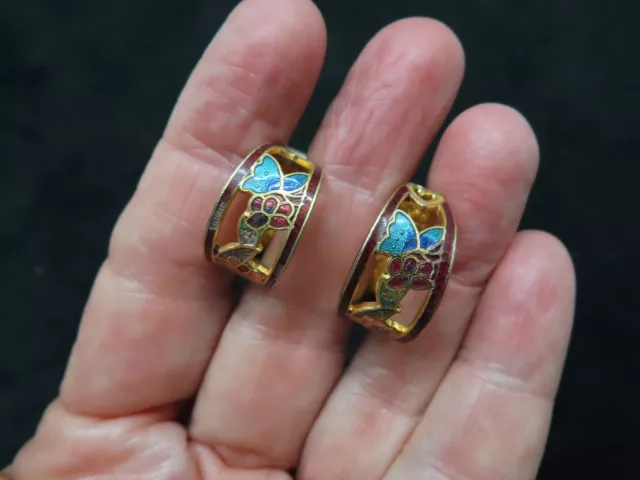 Vintage 1980's Butterfly Flower Cloisonne Hoop Clip Earrings