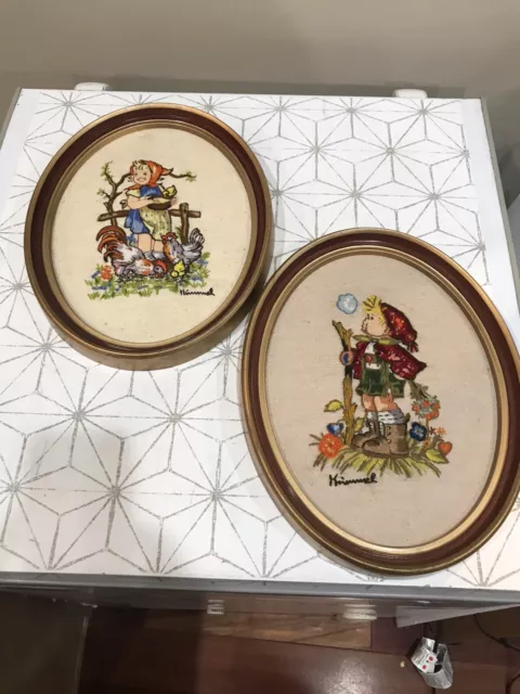 Vtg Hummel Dutch Boy and girl Crewel embroidery needlepoint finished frame oval