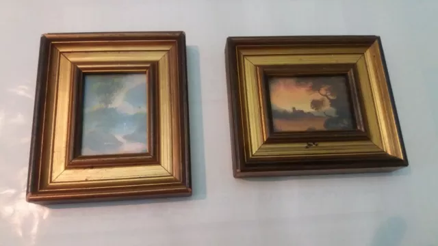 lotto 2 quadri piccoli vintage cornice in legno dipinti ad olio paesaggi