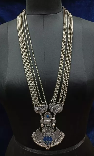 Bollywood Afghani Indian Silver Plated Oxidised Long Necklace Earrings