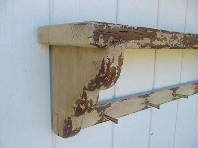 Primitive Rustic Mantle Painted Country Wall Shelf Peg Rack Mantel Wood Shelves