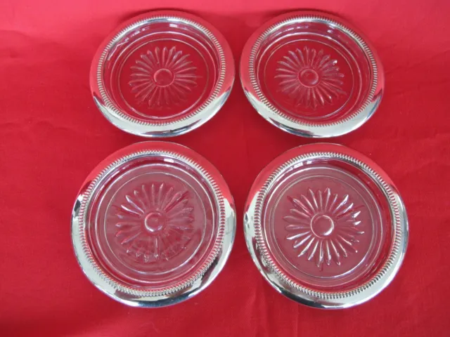 Set Of 4 Silver Plate Starburst Glass Elegant Coasters