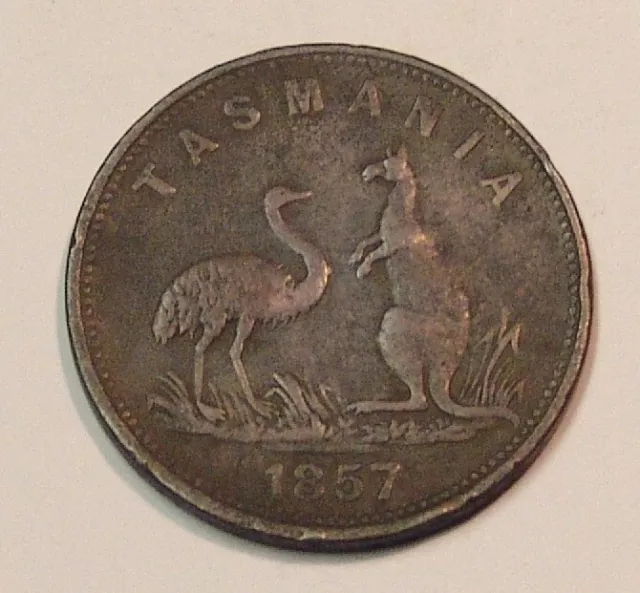 1857 WHITE, Thomas & Son Tasmania penny token. Near VF.