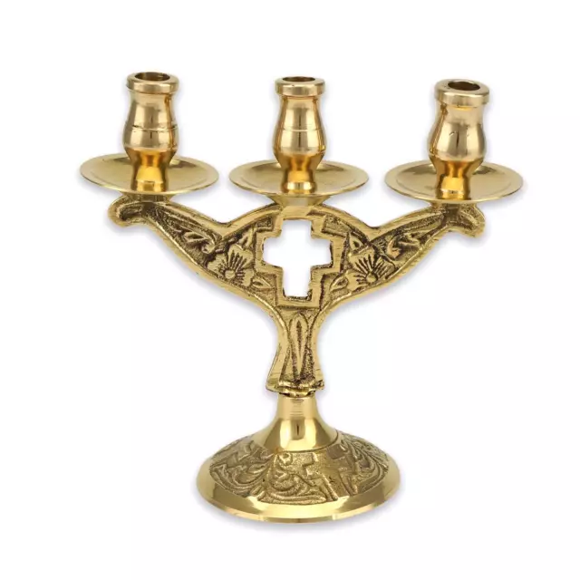 Three-Candle Brass Holder Cross Design - Orthodox Candelabra for 3 Candles