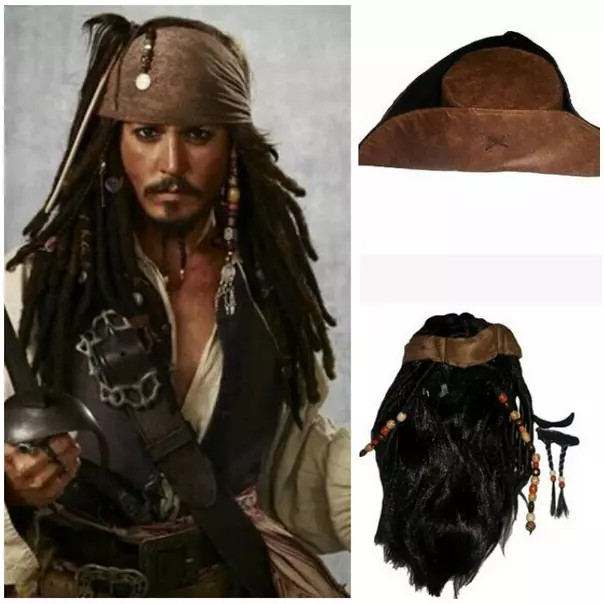 Pirates of the Caribbean Captain Jack Sparrow Cosplay Brown Wig Hat Beard Prop