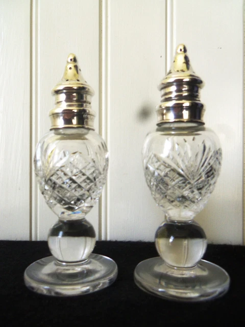 Fine Old Set Cut Crystal Salt & Pepper Shakers Sterling Silver Lids