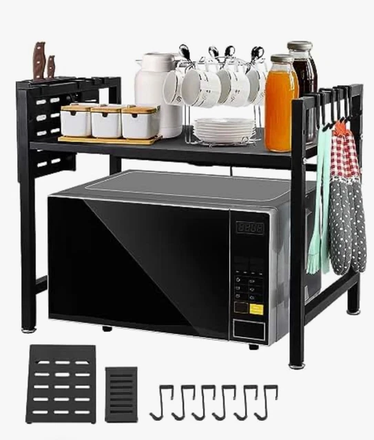 YGYQZ Expandable Microwave Oven Rack Toaster Shelf 2-Tier with 6 Hooks