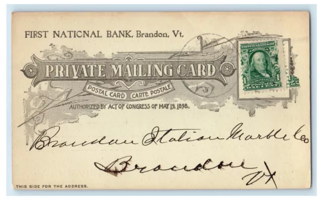 1905 First National Bank Letter Brandon Vermont VT Posted PMC Postcard 2