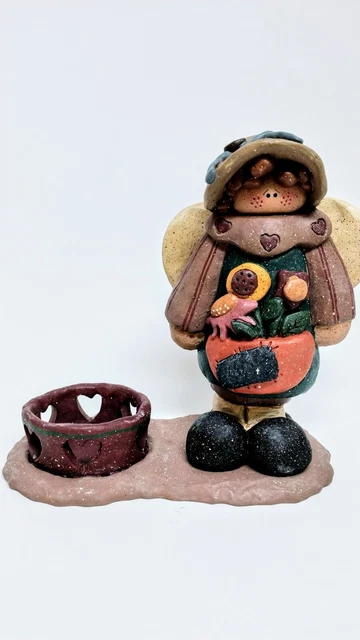Vintage Crazy Mountain pottery clay angel figurine with votive candle holder