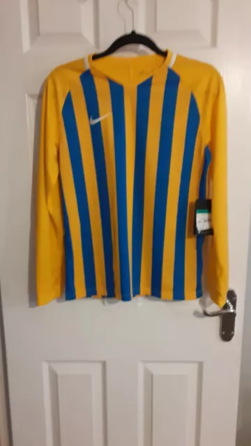 Camicia a maniche lunghe ragazzo Nike Dri Fit calcio oro/blu età 13 anni nuova XL