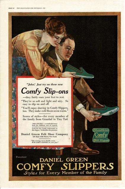 1918 DANIEL GREEN Comfy Slippers Mens shoes EDWARD POUCHER art Vintage Print Ad