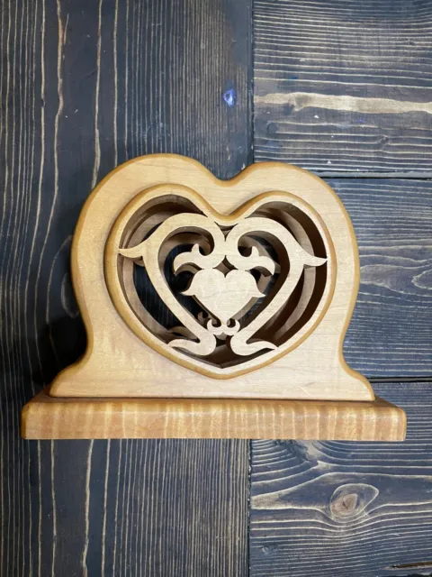 Hand Carved Wood Napkin Holder Signed By Ed Deck Decor Brown Heart
