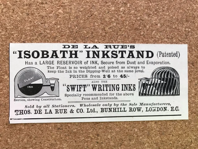 1899 Thos. De La Rue & Co. Isobath Inkstand  Victorian Print Ad 2T1-51