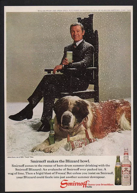 1969 SMIRNOFF Vodka - JOHNNY CARSON - TONIGHT SHOW - ST. BERNARD Dog VINTAGE AD