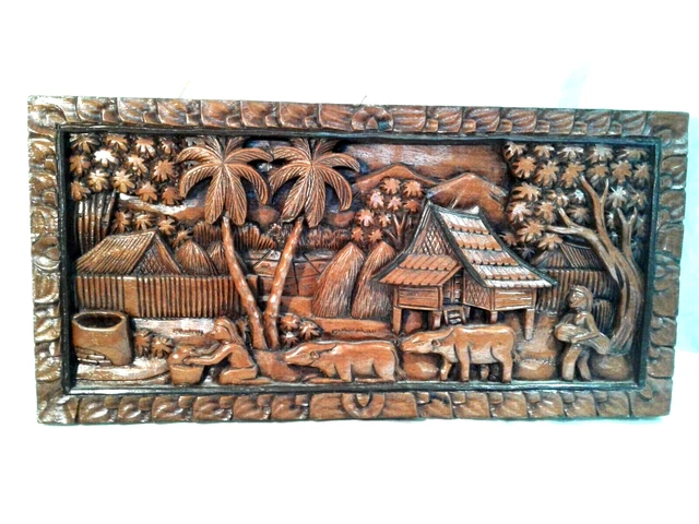 Holz Relief,Wandpaneele,Tropenholz Schnitzerei,Dorf,Bauern,Wasserbüffel,B51cm