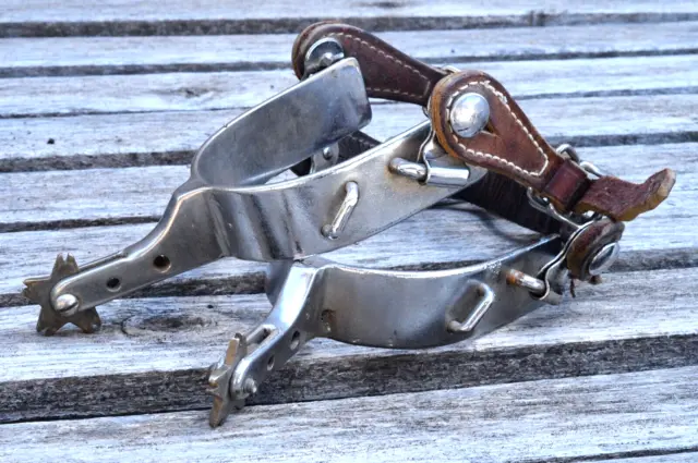 Vintage Pair Bull Riding Spurs Rough Stock Cowboy Rodeo with Leathers