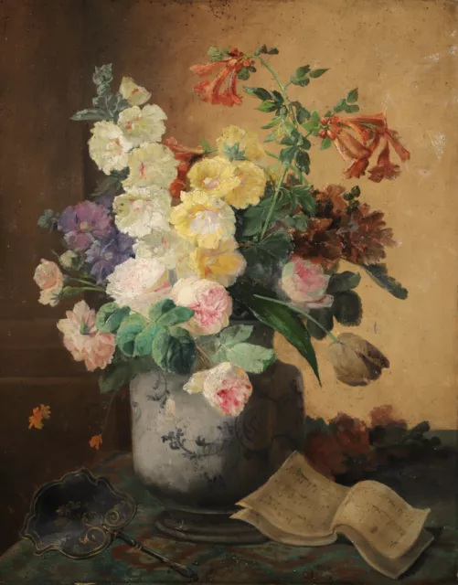 19TH CENTURY HUGE FRENCH OIL ON CANVAS - FLOWERS IN A VASE ON TABLE c. 1880