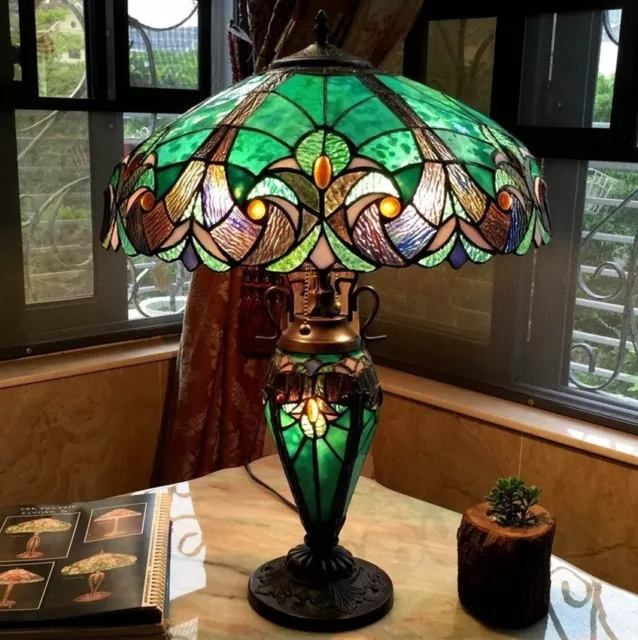 Tiffany Style Stained Glass Theme Double Lit Table Accent Victorian Reading Lamp