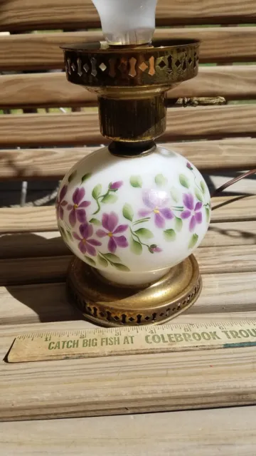 Vintage White Milk Glass Lamp Hand Painted Purple Flower Silver Metal