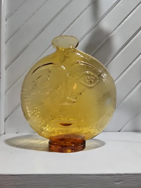 Vintage Blenko Wayne Husted Sun Face Vase MCM Amber Colored Glass 10.5" Tall