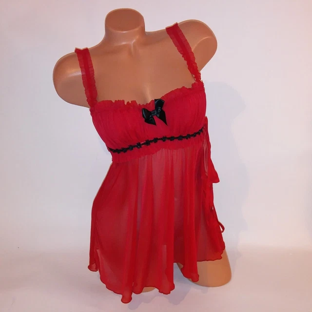 FREDERICKS OF HOLLYWOOD Lingerie Set Babydoll & Thong Panty Small Red