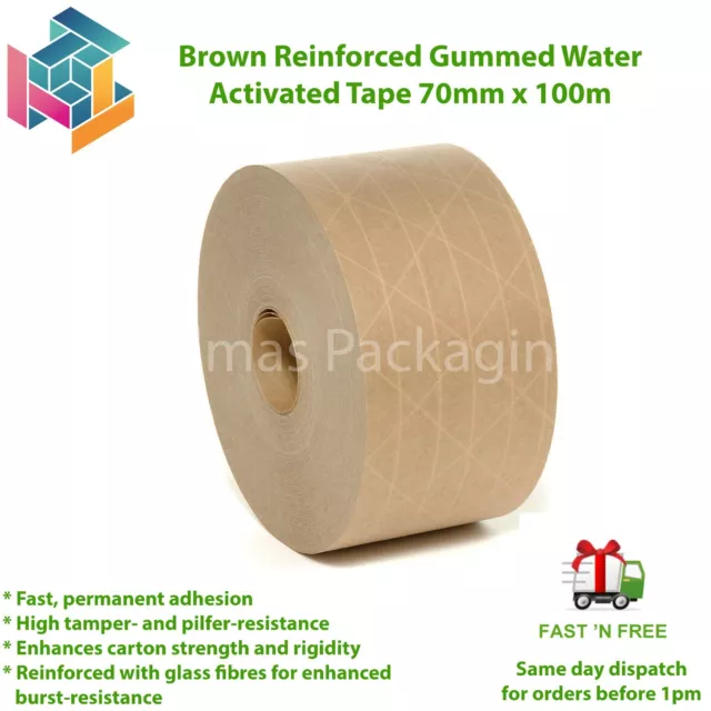 Brown Reinforced Gummed Water Activated Tape 70mm x 100m Tamper Evident Strong