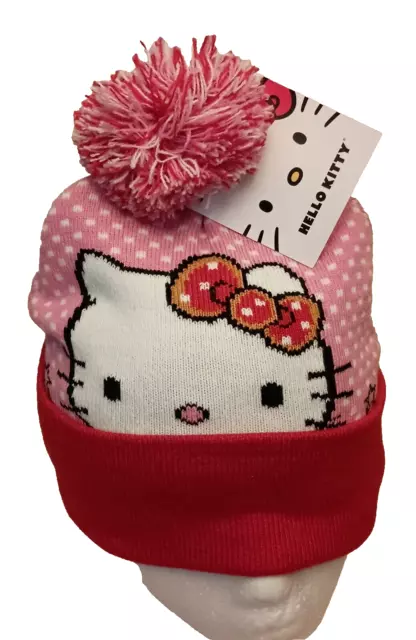 Hello Kitty Winter Knit Beanie Cap Hat Cuff & Pom Pom OSFM New Tags