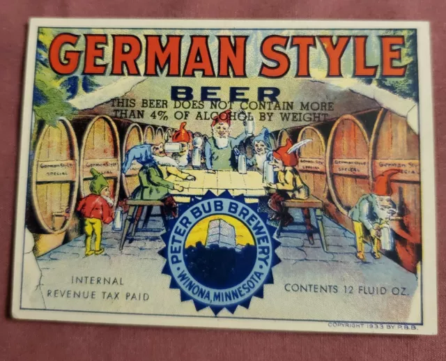 1930s German Style Beer IRTP 12  OZ Beer Label Peter Bub Brewery Winona, MN