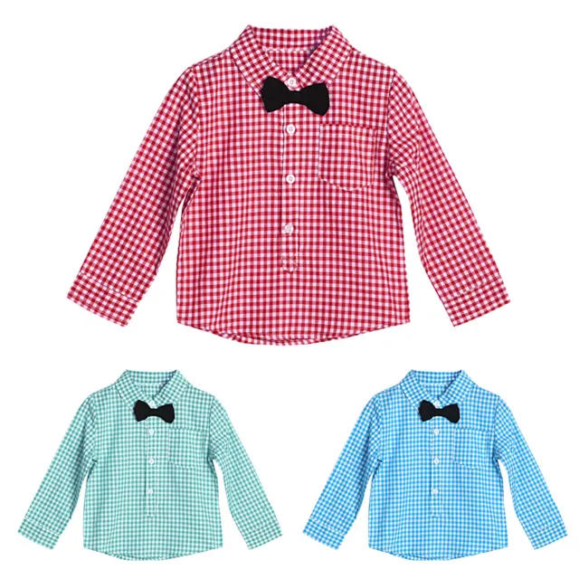 MY# Toddler Kids Boys Long Sleeve Gentlemen Tops Clothes Bow Tie Plaid Shirt