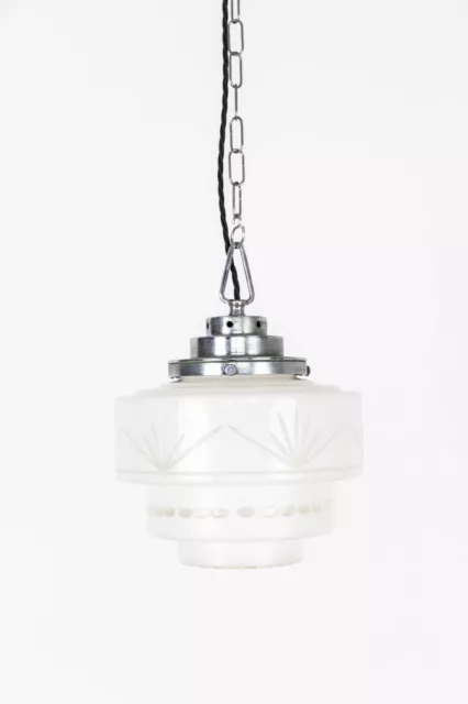 Vintage Industrial Art Deco Round Stepped Cut Opaline Glass Pendant Lamp Light
