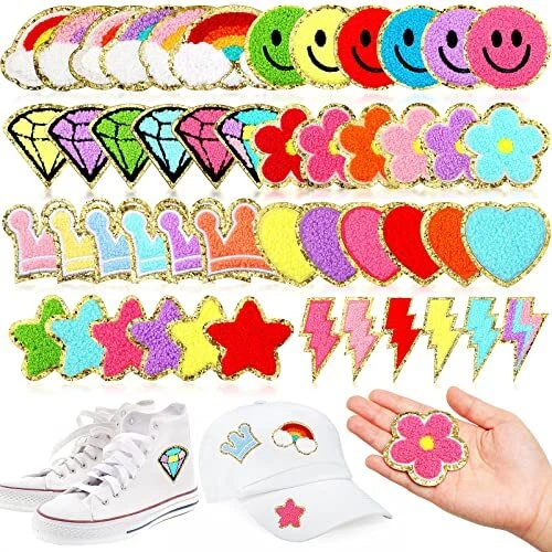48 Pcs Iron on Patches Self Adhesive Chenille Patches for Backpacks Applique