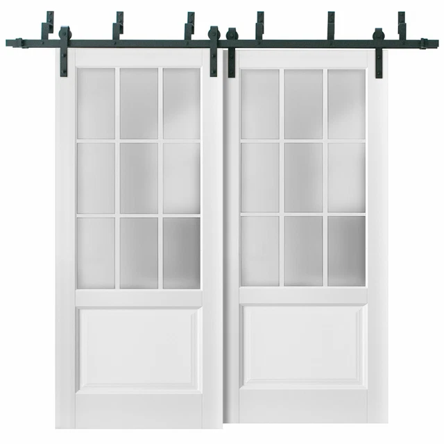 60" x 80" Sliding Closet Glass 9 Lites Barn Bypass Doors | Felicia 3309 Matte Wh