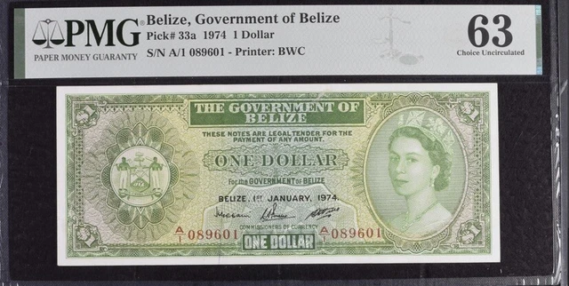 Belize, Government of Belize, 1 Dollar 1974 PMG 63 Unc Banknote